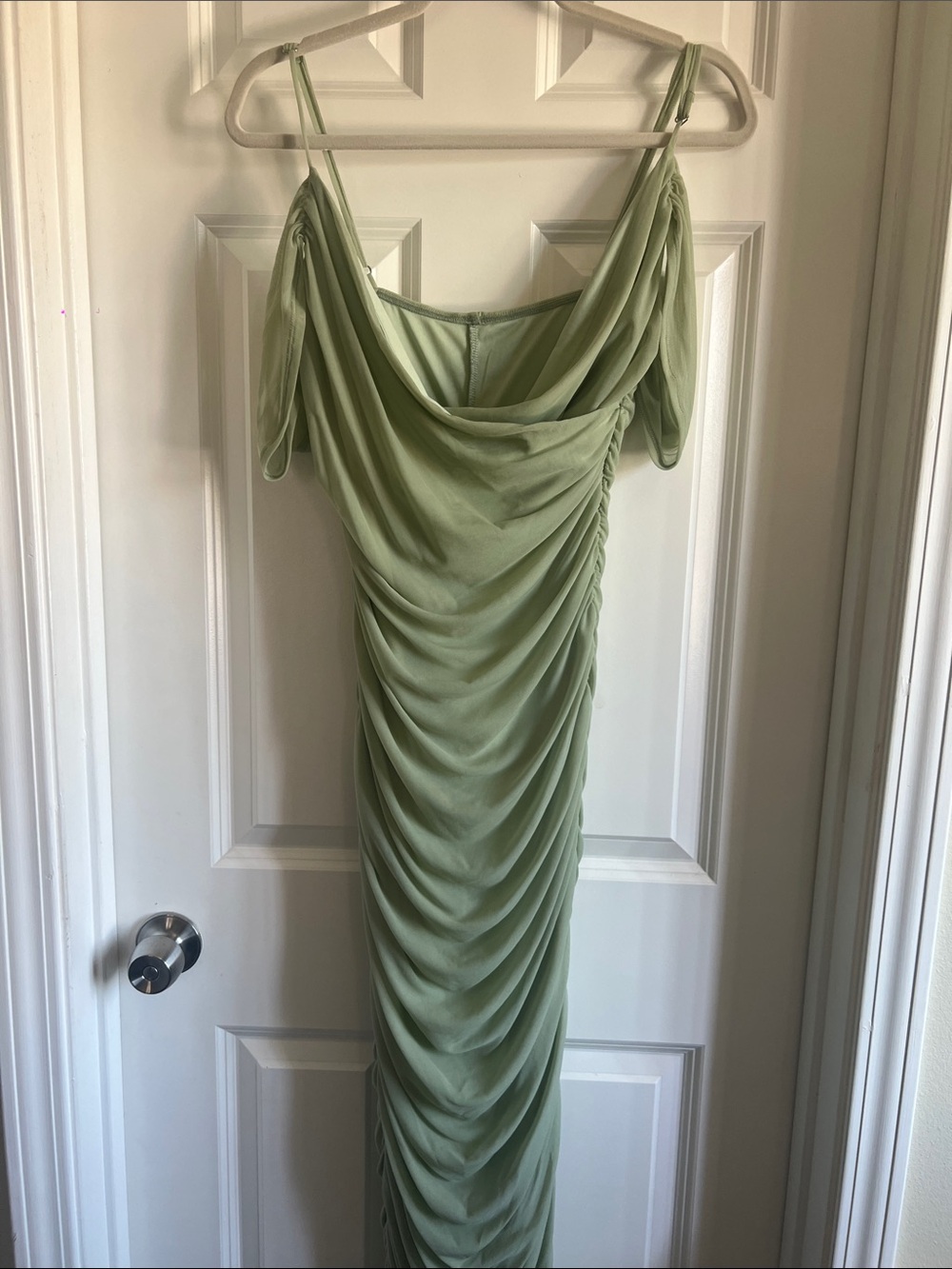 Draped One-Shoulder Ruched Maxi Dress in Sage Green